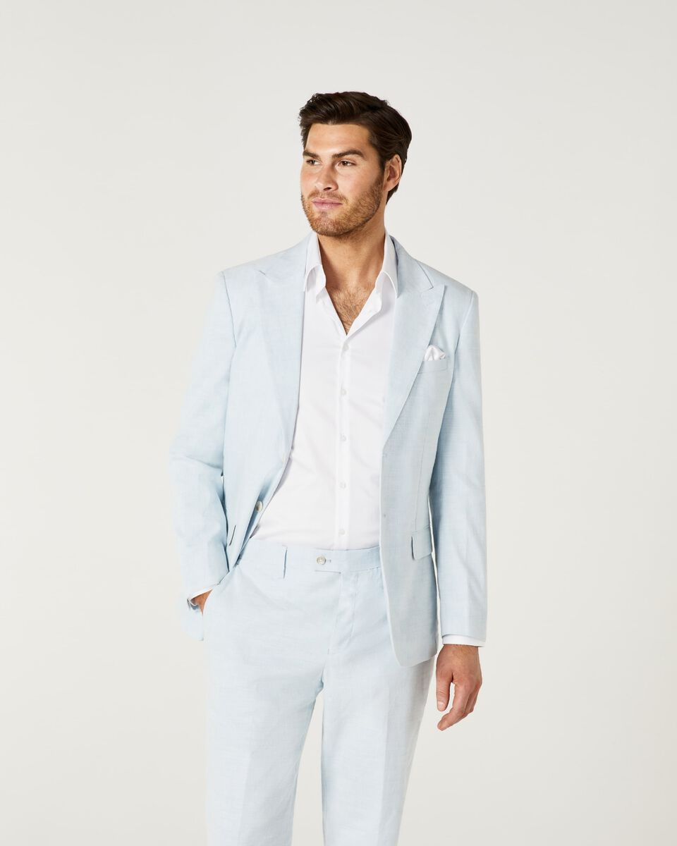 Mens Pale Blue Slim Linen Tailored Suit Jacket